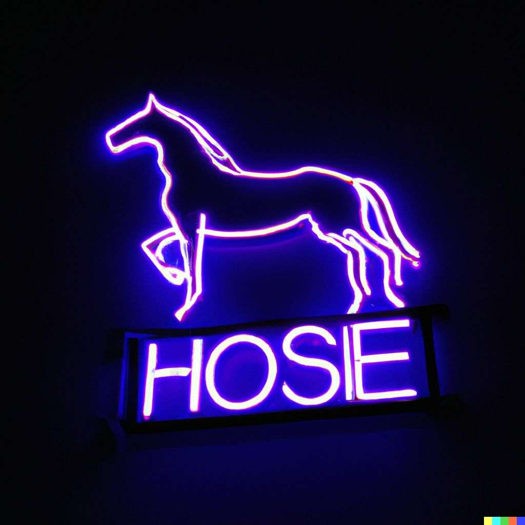 a horse, neon sign on a black wall